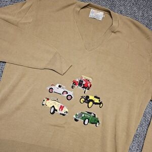 London Fog Mens V Neck Sweater Tan Embroidered Vintage Cars Automobile Size M